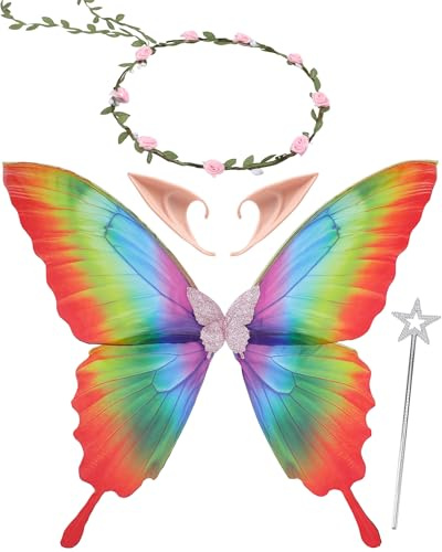 ETOFETE Feenflügel Erwachsene Damen Kostüm - Fee Schmetterlingsflügel, Feenstab, Elfenohren, Elfen Blumenkranz Haarreif, Schmetterling Flügel Karneval Accessoires für Cosplay Fasching