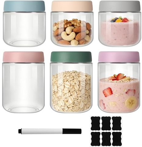 Overnight Oats Gläser, 3 Stück 300ml Meal Prep Gläser, 3 Stück 500ml Einmachgläser mit Schraubdeckel, Einmachgläser mit Schraubdeckel und Stift und Aufkleber für Salat, Pudding, Hausgemachte Marmelade