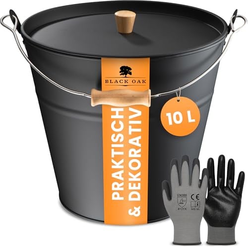 BLACK OAK Ascheeimer Fuego 10L - schwarz Deckel mit Holz-Griff, Handschuhen | - 10L groß mit Deckel mit Holzgriff Stahl feuerfest verzinkt & pulverbeschichtet Eimer für Asche Kohle Pellets Zubehör Kamin