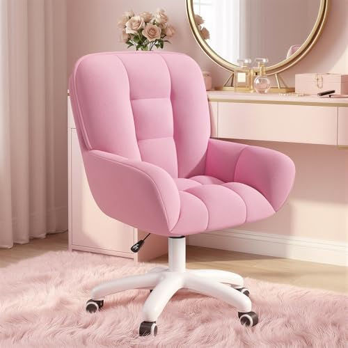 Aivermeil Bureau à Domicile et Chaise de Maquillage 2 en 1 Chaise pivotante Ergonomique en Velours 360°, réglable en Hauteur pour Bureau ou Chambre à Coucher Rose