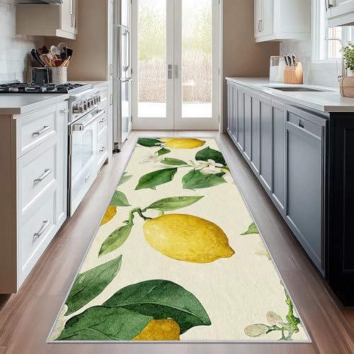 Generisch Läufer Flur Zitrone 120x300 Mit Frucht Blätter Blumen Grün Gelb Muster Extra Dünn Waschbar rutschfest, Zitrone Teppich Flurläufer Lang Für Eingangsbereich Schlafzimmer