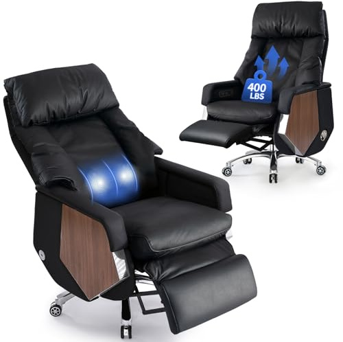 EMIAH Executive Massage Office Chair Electric High Back Rolling Adjustable Computer Chair for Home Big and Tall Reclining Ergonomic Desk Chair with Footrest and Lumbar Support, Genuine Leather (Black)