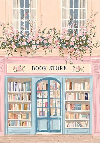 Rosafarbene Buchhandlung Diamond Painting, 5D Full Halbrunder Drill Diamant Malerei Set, mit Blumen Bücherladen Motiv für Erwachsene, DIY-Diamantmalerei Bastelset zur Wanddekor für Zuhause 30x40cm