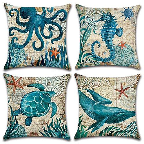Kissenbezug 45 x 45 cm, Baumwolle Leinen Ozean Kreaturen Wal Schildkröte Seepferdchen Octopus Kissenhülle Taille Wurf Kopfkissenbezug für Zuhause und Sofa, Schlafzimmer Dekoration, 4 Stück (Set-E)