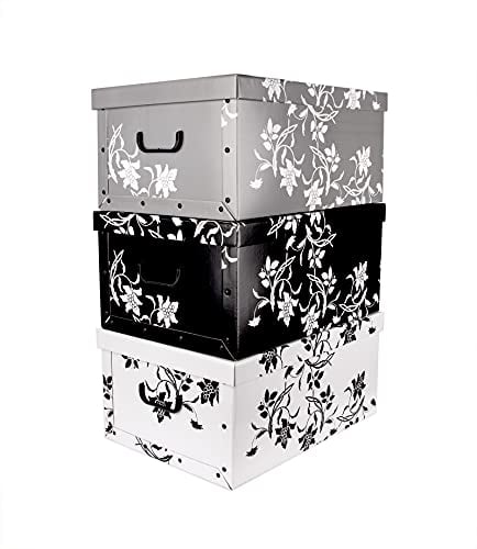 BigDean Aufbewahrungsboxen XXL 3er Set je 45 Liter - mit Deckel & Griffen - aus stabiler Pappe -im Barock-Blumenmuster - perfekt für Ordnung im ganzen Haus