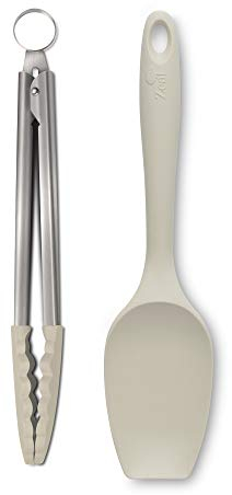 Zeal JSET11C Non-Stick Silicone Large Spatula Spoon & Cooking Tongs 2-Piece Set-Cream