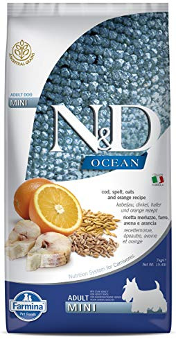 Farmina N&D Ocean Adult Mini Pellets Hundefutter (Trockenfutter, mit hochwertigen Vitaminen und natürliche Antioxidantien, ohne Mais, Zutaten: Kabeljau, Dinkel, Hafer und Orange, Portionsgröße: 7 kg)