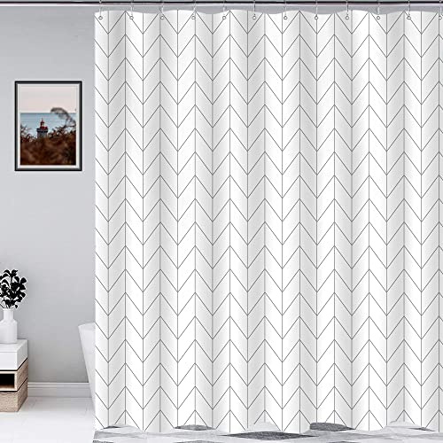 Riyidecor Duschvorhang, Boho, geometrisches Fischgrätenmuster, Winkelmuster, gestreift, modern, klassisch, Stoff, Badezimmer-Set, Polyester, wasserdicht, 12 Haken, 152 x 183 cm (B x H), schwarz-weiß