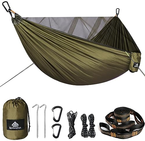 NatureFun Camping Hängematte mit Moskitonetz | 300kg Belastbarkeit,(290 x 140 cm) Atmungsaktives,schnell trocknendes Fallschirm-Nylon | Komplettes Zubehör | Einfacher Aufbau