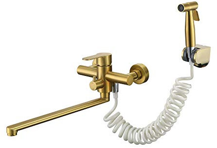 HomeLava Grifo Oro de Cocina de Pared, Grifo de Cocina con Pistola Rociadora y Caño 350 mm, Giratorio de 360°, Acero Inoxidable 304