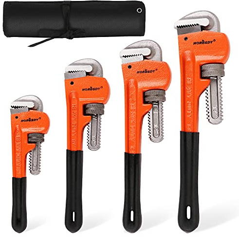HORUSDY 4 Pack Heavy Duty Pipe Wrench Set, Adjustable 8 10 12 14 Soft Grip Plumbing Wrench Set with Storage Bag