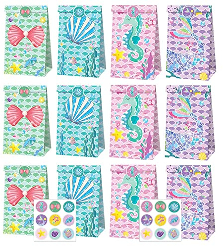MoK 12 Stück Meerjungfrau Süßigkeiten Beutel, Kraftpapier Geschenktüten, Kraftpapier Candy Tüten, für Kindergeburtstag, Giveaways, Party Dekorationen