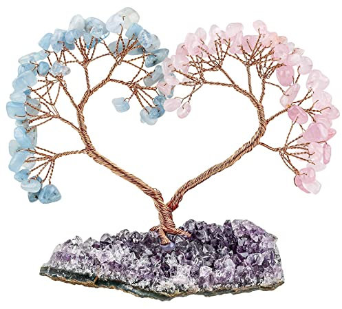 Nupuyai 8.9-13cm Rose Quartz & Aigue-Marine Arbre de Cristal de Coeur d'amour sur la Base de Géode d'améthyste, Arbre d'argent de Bonsaï en Cristal pour la Décoration de Mariage et Bureau