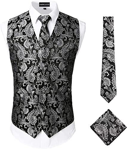 PARKLEES Klassische Herren-Weste, 3-teilig, Paisleymuster, Krawatte, Einstecktuch, Set, Hochzeit, Abschlussball, Party, Weste für Anzug oder Smoking, schwarz/silberfarben, XXL
