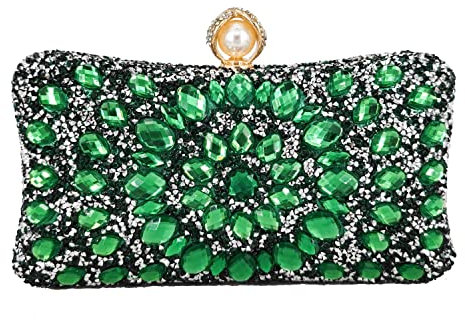Boutique De FGG Chiusura a Perla Donna Borsa di Cristallo Borse da Sera del Partito con Strass Pochette e Clutch da Sposa con Diamante, Piccolo, Verde