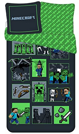 Jay Franco Bettwäsche Minecraft Survival Mode, 100% Baumwolle, Bettbezug 140 x 200 cm + Kissenbezug 65 x 65 cm