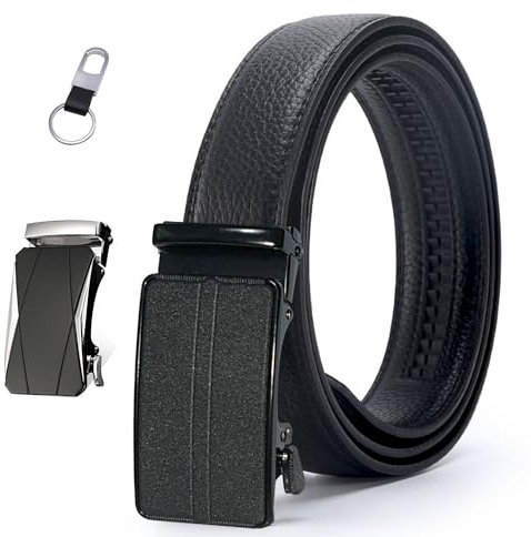 Friendumo Herrengürtel Automatische Schnalle Leder Ratschengürtel 125cm (Inklusive 1 STÜCK Schlüsselanhänger + 2 STÜCK Legierungsschnalle)- 3# Schwarz