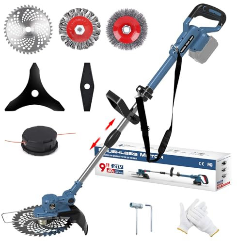 Cordless Grass Trimmer, 4-In-1 Cordless Strimmer with 2 x 4.0Ah Battery and Blades, 21V Strimmer, Cutting width 25cm, Telescopic handle, 90° Head pivots, for Lawn Garden Pruning