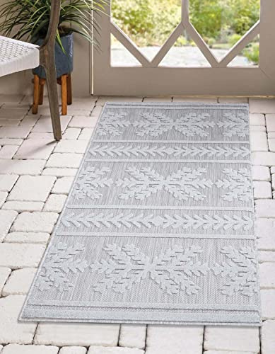 carpet city In-& Outdoor Teppich - 80x150 cm - für Innen-& Außenbereich - Wetterfest Balkon-Teppich, Terrasse, Flur, Küche - Wohnzimmer-Teppiche - Hochtief/ 3D-Effekt - Ethno-Optik in Grau