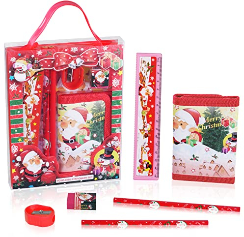 Vicloon Weihnachten Schreibwaren Set, Schreibwaren Geschenkset, Radiergummi, Anspitzer, Brieftasche, Lineal, Bleistift, Kinder Mitgebsel, Weihnachtsgeschenke für Mädchen und Junge(Weihnachtsmann)