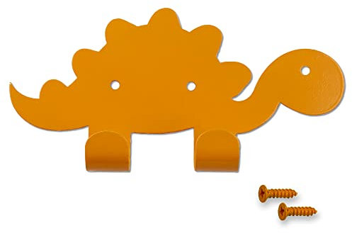 keypak Kids Dinosaur Double Coat Hooks, Door Wall Mounted Metal Decorative Hooks for Boys & Girls, Toddlers Bedroom or Baby Nursery - Colour Matching Fixings Included (Orange)