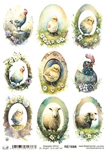 Josys Bastelmärchen Reispapier A4 Strohseide Ostern Ostereier Küken Schafe Blumen Hühner Hahn RE1686
