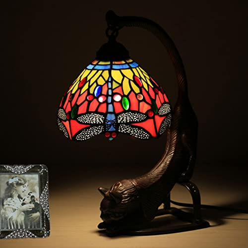 Tiffany Lampe Glasmalerei Lampe, Vintage Tischlampe, antike Kunst Glas Akzent Klavier Lesen Schreibtischlampe, Katze Legierung Basis, Mädchen Kinder Liebhaber Nachttischlampe,Dragonfly