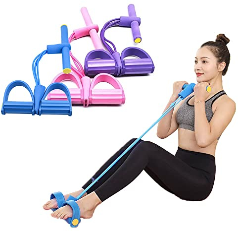 DZOZO 4 Tube Elastic Sit Up Pull Rope Tension Rope Resistance Band Pull Rope Elastic Sit-up Belt Pedal Tensioner Multifunctional Pull Rope with Foot Pedal Body Trainer Tummy Trimmer