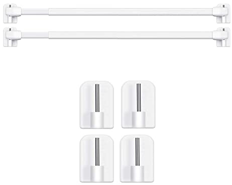 BANJILI - 2 Pack Extendable Net Curtain Rods (60-105cm) with 4 Sticky Hooks - No Drill Tension Rod for Windows, Bathroom, Rental Homes Strong Adhesive, White Lightweight Poles