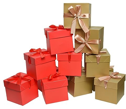 12 Stück Geburtstagsgeschenkboxen mit Deckel, faltbare Geschenkbox mit Band, 10,2 x 10,2 x 10,2 cm (Gold und Rot)
