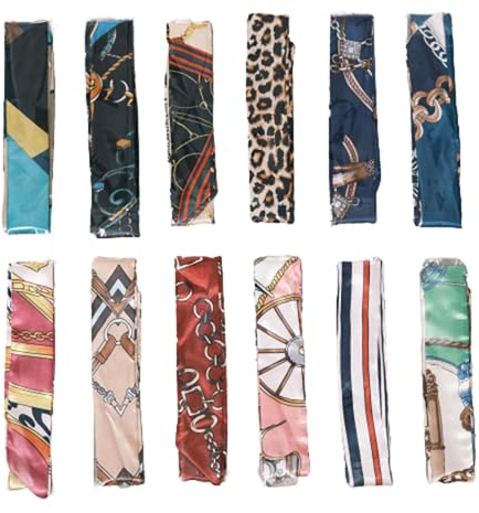 12 Stück Handtaschen Schal, Satin Ribbon Seidentücher Scarf Damen, Griff Wickel Bandana, Seidenschal für Handtaschen Griff Tasche Band Schal Haartuch, 100 % Polyester