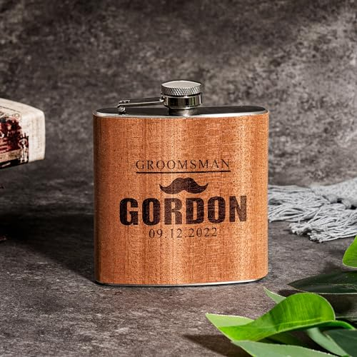 Juego de petaca grabada de madera marrón y acero inoxidable con embudo de petaca, regalo de boda personalizado para padrino de boda/padrino, regalo de cumpleaños del día del padre para padre
