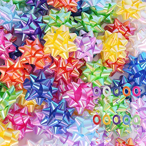 Dooozy 100 Pcs 1 Mini Geschenkschleifen Selbstklebend, 10 Irisierend Farbe Geschenk Schleife für Festival Weihnachten Geschenkverpackung