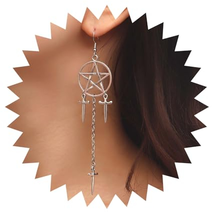 Cimenexe Böhmische Pentagramm Stern Ohrringe - Silber Tropfen Ohrringe Mit Langer Schwert Messer Quaste Kette - Punk Dolch Haken Schmuck Für Frauen