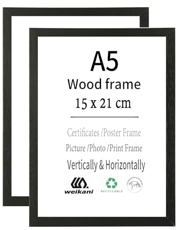 weikani Bilderrahmen, A5, Schwarz, 2 Stück, 15 x 21 cm, Holz-Bilderrahmen, Urkundenrahmen mit Plexi-glas für Wandmontage oder Tischaufstellung