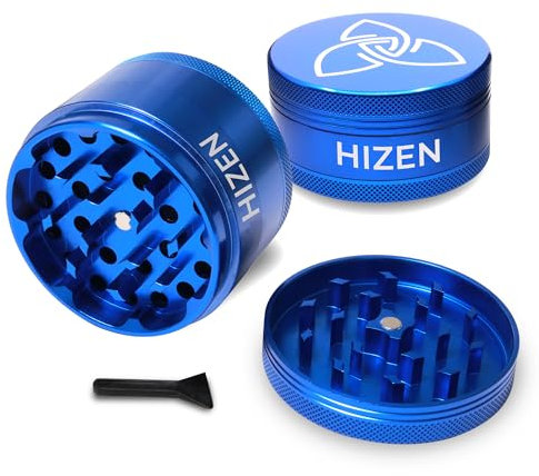 HIZEN Alu Grinder XXL Ø 63mm, 4-teilige Kräutermühle, Crusher Set für getrocknete Kräuter, Pollen, Blüten, Gewürze mit Pollenfach und Schaber (Blau)