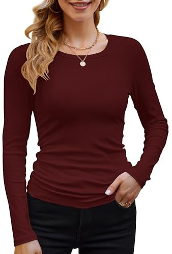 DUOEASE Langarmshirt Damen Rundhal Pullover Elegant Langarm Oberteile Rippshirt Tshirts Basic Tops（Weinrot,L