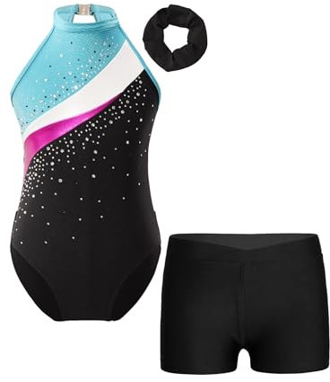 TTAO Gymnastikanzug Kinder Mädchen Ärmellos Turnanzug Trikotanzug Tanz Gymnastik Training Dancewear Gymnastikbody mit Haarband und Shorts See Blau & Schwarz A 122-128