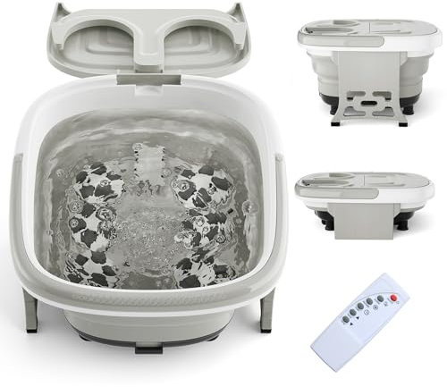 HOMASIS Bain de Pieds Pliable Electrique Massage, Masseur de Pieds avec Rouleaux de Massage &Massage à Bulles, Spa pour Pied avec Minuterie &Télécommande, Gris/Bleu (Gris)