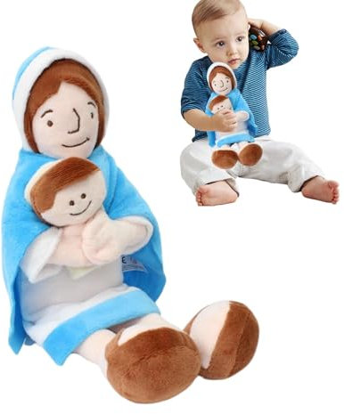 Jesus-Puppe aus Plüsch, Maria und Jesus – Mutter Maria hält eine Puppe aus Plüsch Jesus, weiches Kissen aus Cartoon-Plüsch, Blau, Begleiterpuppe, Heimdekoration