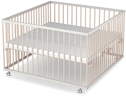 Sämann Laufstall Baby mit Lattenrost und Matratze | stufenlos höhenverstellbar | Laufgitter Premium | Babybett aus Holz | Krabbelgitter (weiß/natur, 120x120 cm)