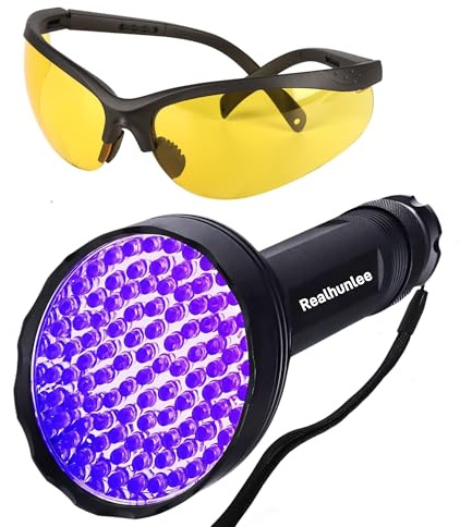 REALHUNLEE Kit de détecteur de fuite de climatiseur professionnel pour voiture, voiture, huile de climatisation, piscine, teinture UV, lampe de poche avec lunettes de protection (100 LED)