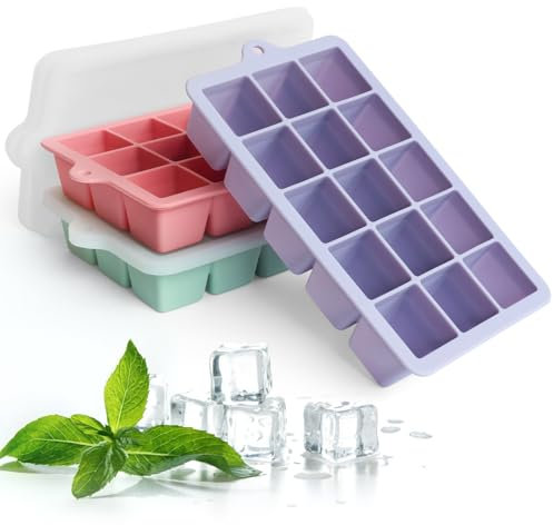 Ice Cube Tray with Lid, 3 Packs 45 Cubes, Silicone Ice Cube Mold Large Reusable Moulds and BPA Free for Whiskey, Cocktail, Drinks&Baby Food, Freezer, Souper(Purple+Pink+Green)