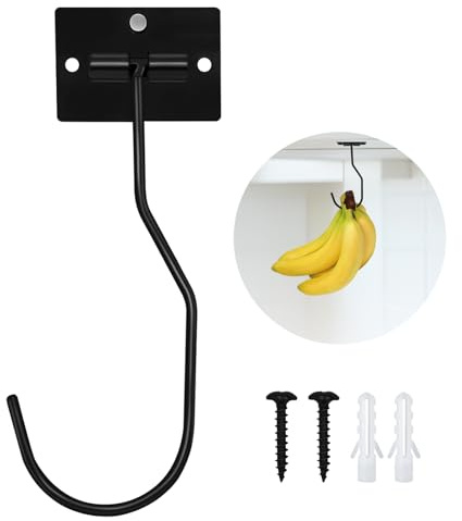 Ticway Banana Hanger Hook – Space Saving Banana Holder Hanger to Keep Bananas Fresh, Self Adhesive and Screw Banana Hook 1Pack Black