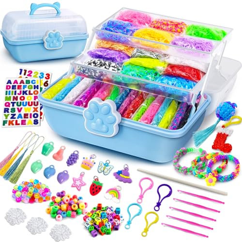 ROSHUKG 50 Farben Loom Bänder Set mit 3 Schicht Niedlicher Aufbewahrungsbox, DIY Gummibänder Armbänder für Jungen Mädchen Weben Geschenk(Blau)