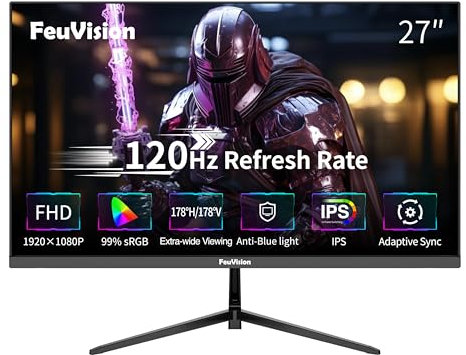 FeuVision 27inch Computer Monitor, FHD 1080p, 120Hz Office and Gaming Monitor, 4ms Response Time, 3-Sided Frameless, Ultra Slim, VESA Mountable, Anti-Blue Light Design, HDMI&VGA Port (60Hz for PS5)