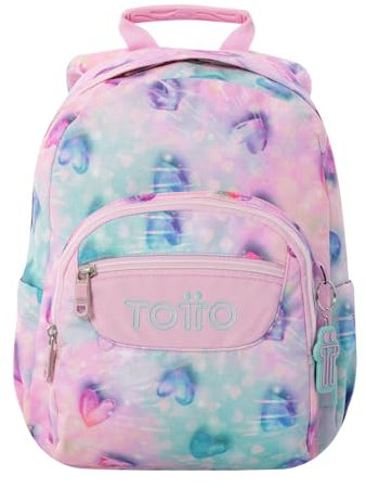 TOTTO - Mochila Escolar, Modelo Tempera, Capacidad 12 L, 3 Bolsillos, Bolsillo Tablet 10, Bolsillo Botella, Espaldar Ergonómico con Flujo de Aire, Cómodas Correas en S, Estampado Shiny Heart Glitter