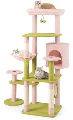 GOPLUS Arbre à Chat en Peluche de 148CM, Arbre a Chat Design Fleurs avec Poteaux à Griffer en Sisal, Panier Rond, Perchoir Douillet Amovible, Condo pour Chats, Chatons