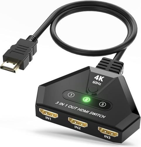 HDMI Switch 3 in 1 Out, 4K@60Hz HDMI Umschalter mit vergoldeten Anschlüssen, Plug & Play, unterstützt Full HD 1080P 3D, kompatibel mit Roku TV Stick HDTV PS4/PS5 Xbox, ideal für Gaming, Heimkino