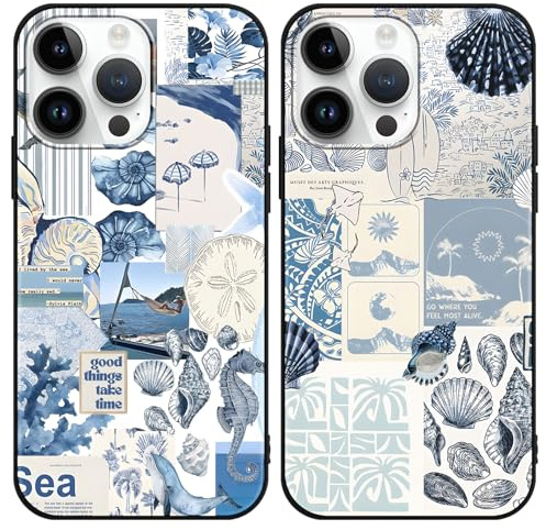 Phoona 2 Pack Cute Case for iPhone 14 Pro Max 6.7, European Collage Preppy Summer Girly Design Pattern for Girls Women, Slim Soft Silicone Shockproof Bumper Protector Cover, Blue 04